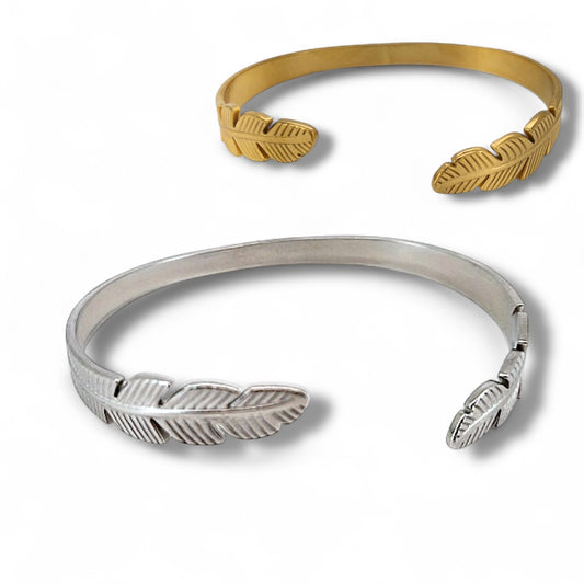 Feather Bangle in Silver or Gold Adjustable Size- Double Feather Design Bracelet Unisex Mens Women’s P69