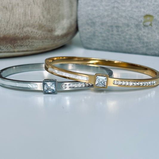 MARYbu square pave crystals and pearlescent detail stainless steel bangle