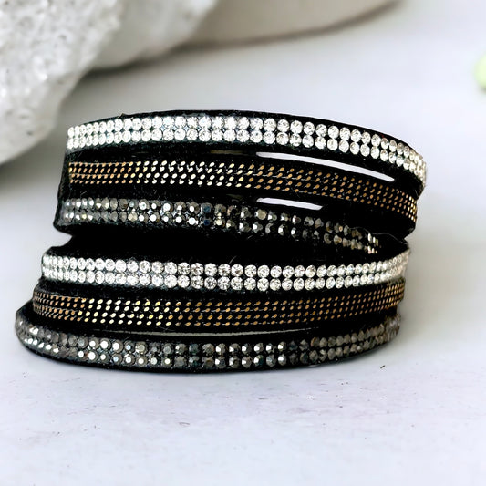 3 layer wrap bracelet with crystal, chain and diamanté details