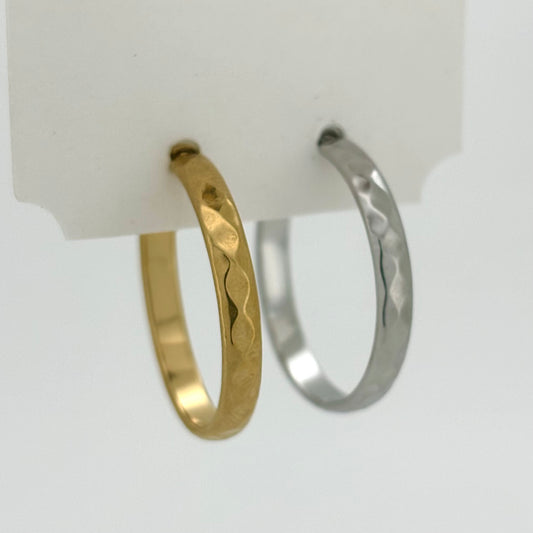 Textured hoop earrings in silver or gold tone, stainless steel  water and tarnish resistant