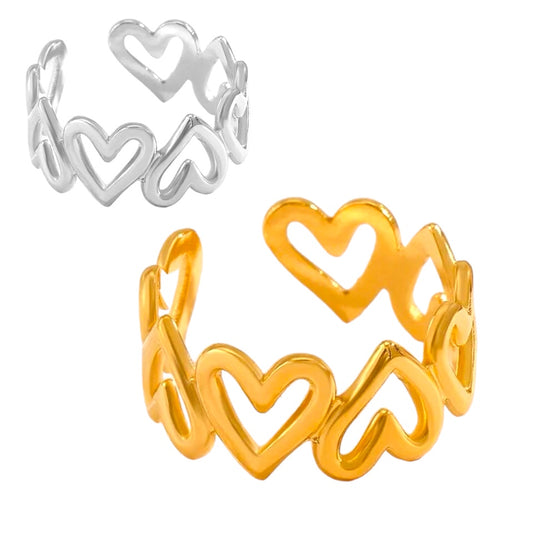 Trending row of hearts adjustable ring in silver or gold R3
