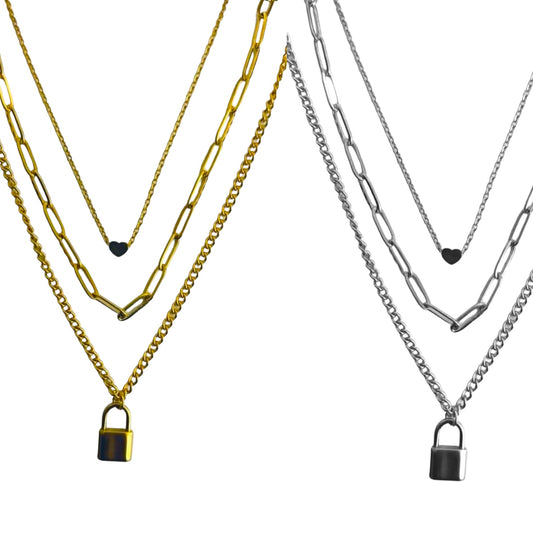 Three layer with lock and heart necklace in stainless steel Gold and Silver P11
