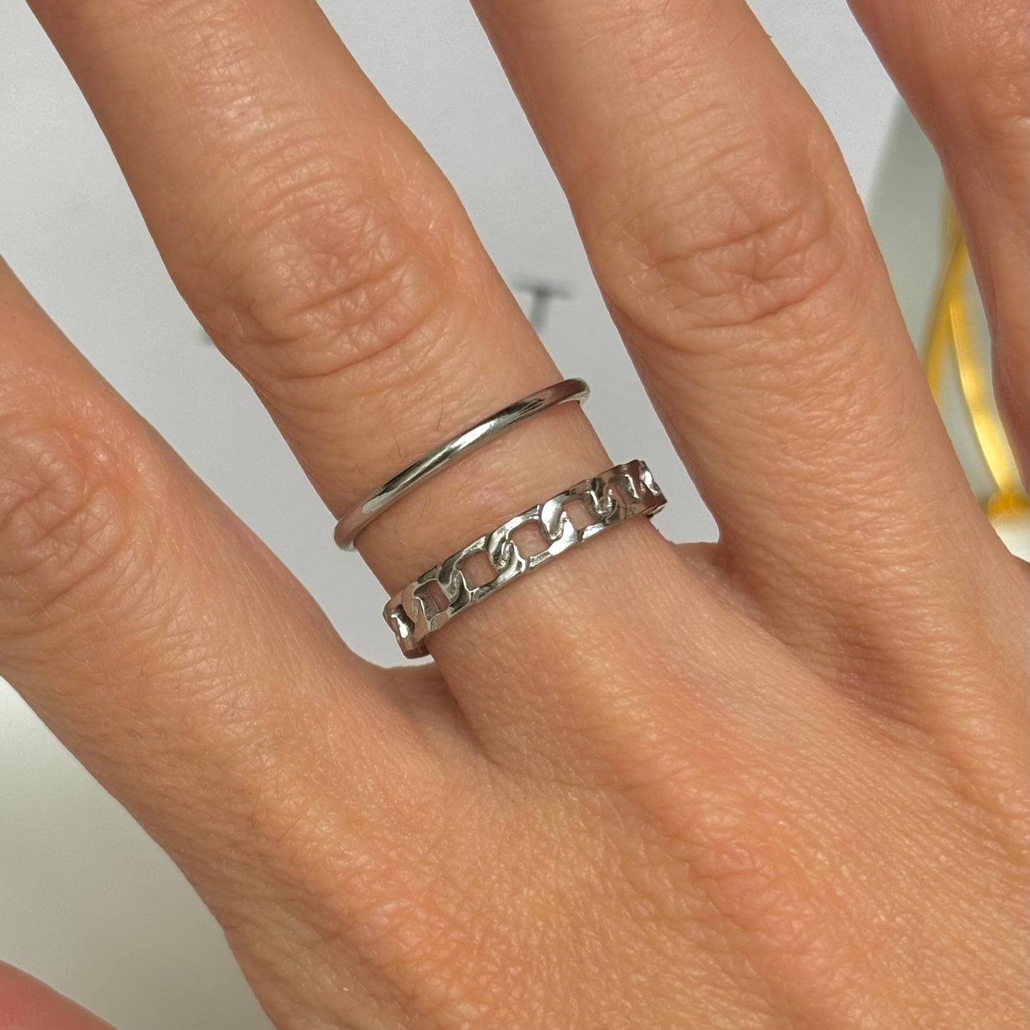 Chain and band double layer adjustable ring in stainless steel water and tarnish resistant