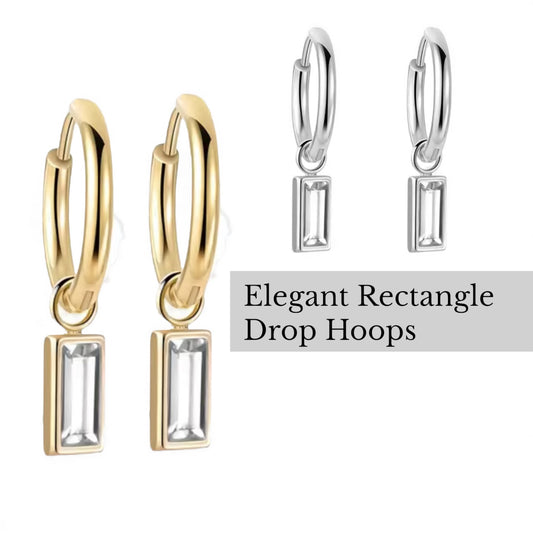 Rectangle crystal drop hoops in silver and gold E14