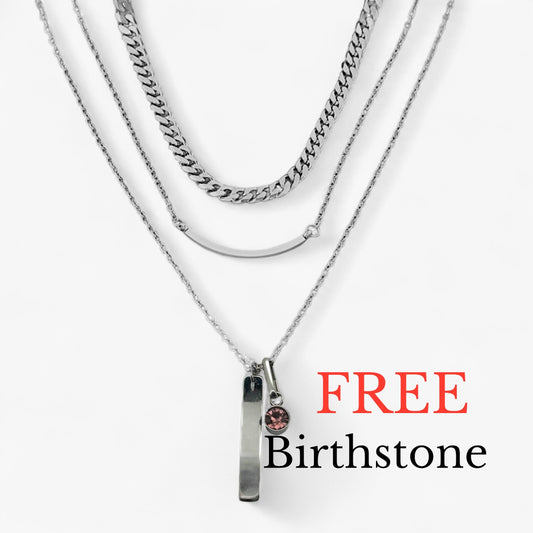 Three layer pendant necklace with Cuban chain with birthstone in silver or gold water resistant P6