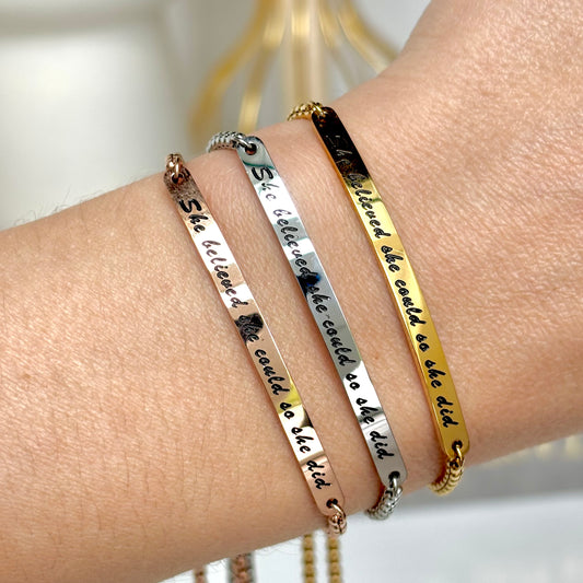 She believed she could affirmation adjustable bracelet in silver gold or rose in stainless steel