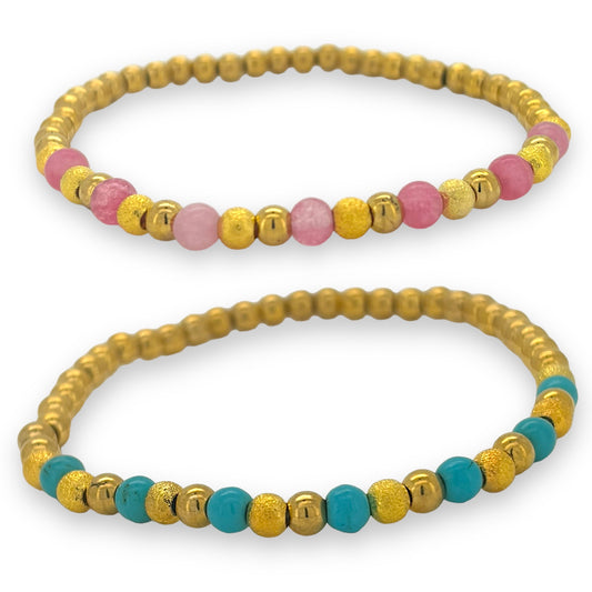 Semi precious stone with gold plated stainless steel beads in pink or turquoise