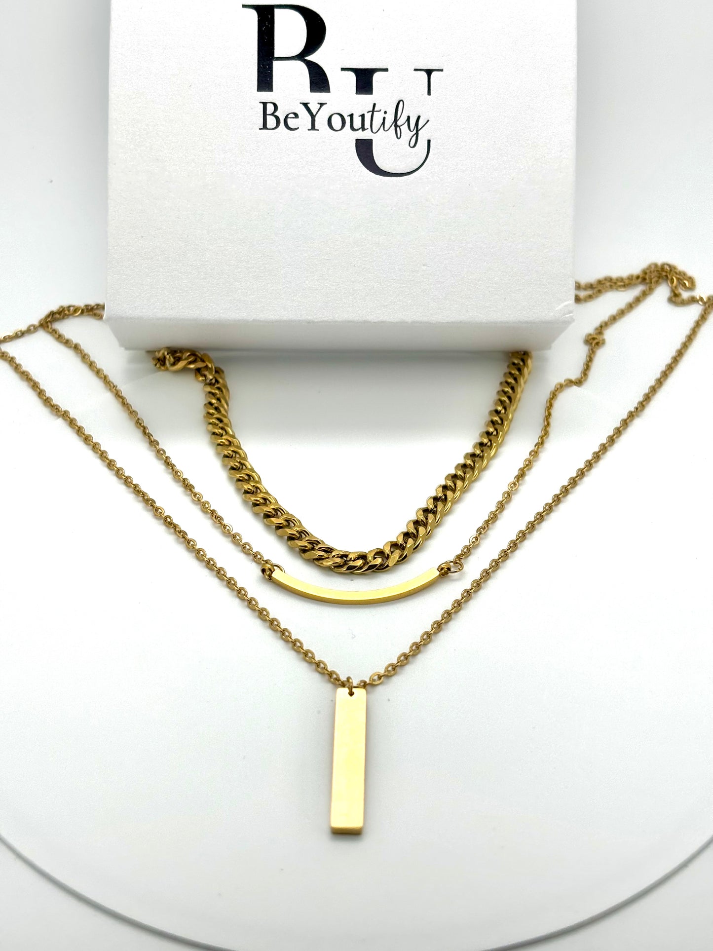 Three layer pendant necklace with Cuban chain with birthstone in silver or gold water resistant P6