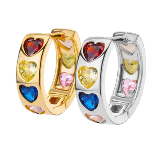 Colour heart hoops earrings in silver or gold tone with red, yellow, blue, pink crystals B1