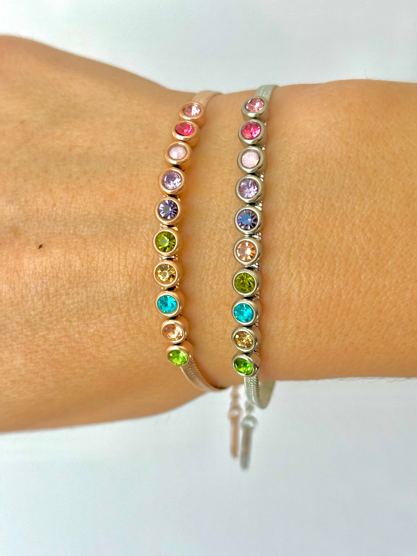 CLARAbu colourful crystal with snake chain bracelet in Rose or Silver. P74