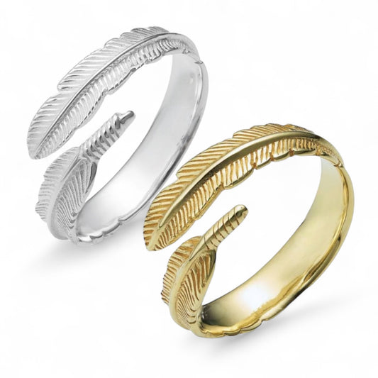 Feather ring adjustable in silver or gold unisex women’s men’s girls R16