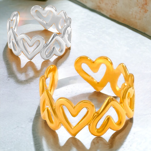 Trending row of hearts adjustable ring in silver or gold R3