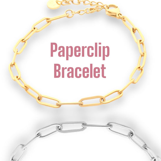 Paperclip chain bracelet in stainless steel silver or gold tone with extender P6