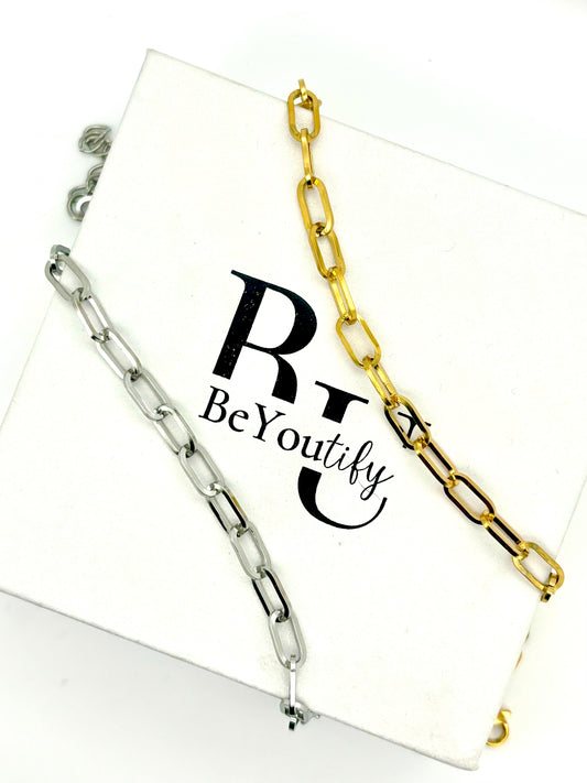 Paperclip chain bracelet in stainless steel silver or gold tone with extender P6