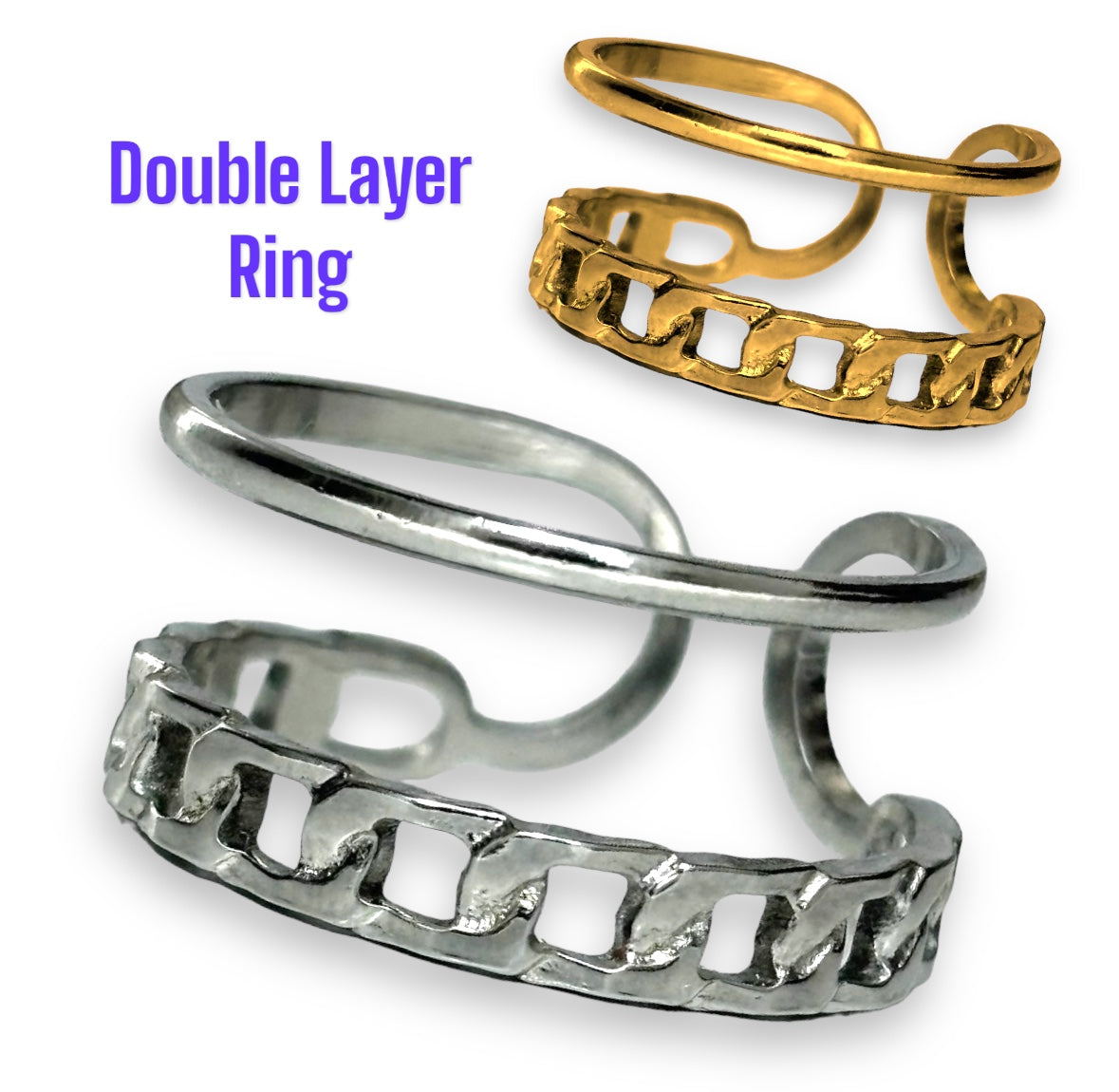 Chain and band double layer adjustable ring in stainless steel water and tarnish resistant