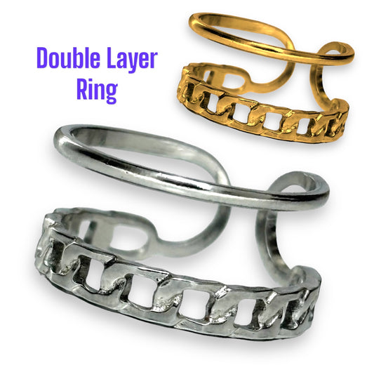 Chain and band double layer adjustable ring in stainless steel water and tarnish resistant