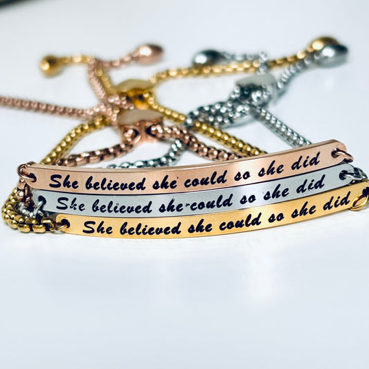 She believed she could affirmation adjustable bracelet in silver gold or rose in stainless steel