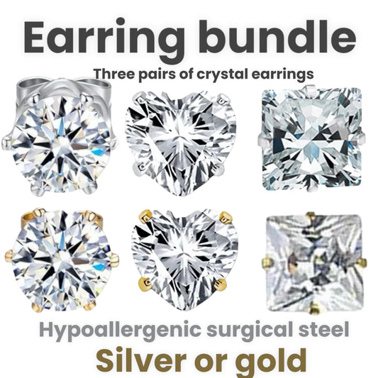 Earring bundle 3 pairs of crystal earrings. Heart, square and solitaire crystals. Hypoallergenic stainless steel water and tarnish resistant silver or gold men or women boys girls 6mm and 4mm sizes
