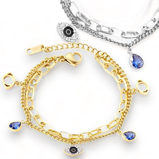 BLUE EYE double layer chain bracelet with blue charms in stainless steel Silver or gold tone Pxx