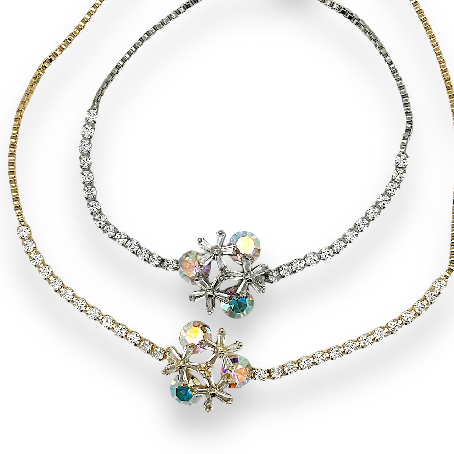FLOWERbu Crystal and diamonte adjustable bracelet in silver or gold tone