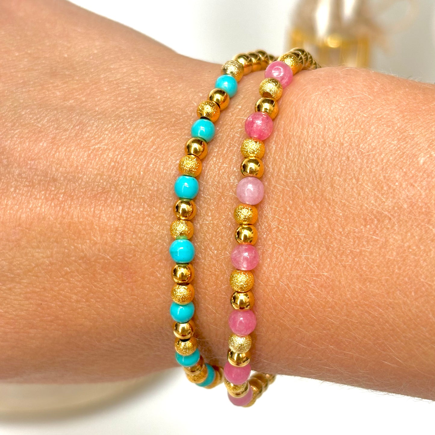 Semi precious stone with gold plated stainless steel beads in pink or turquoise