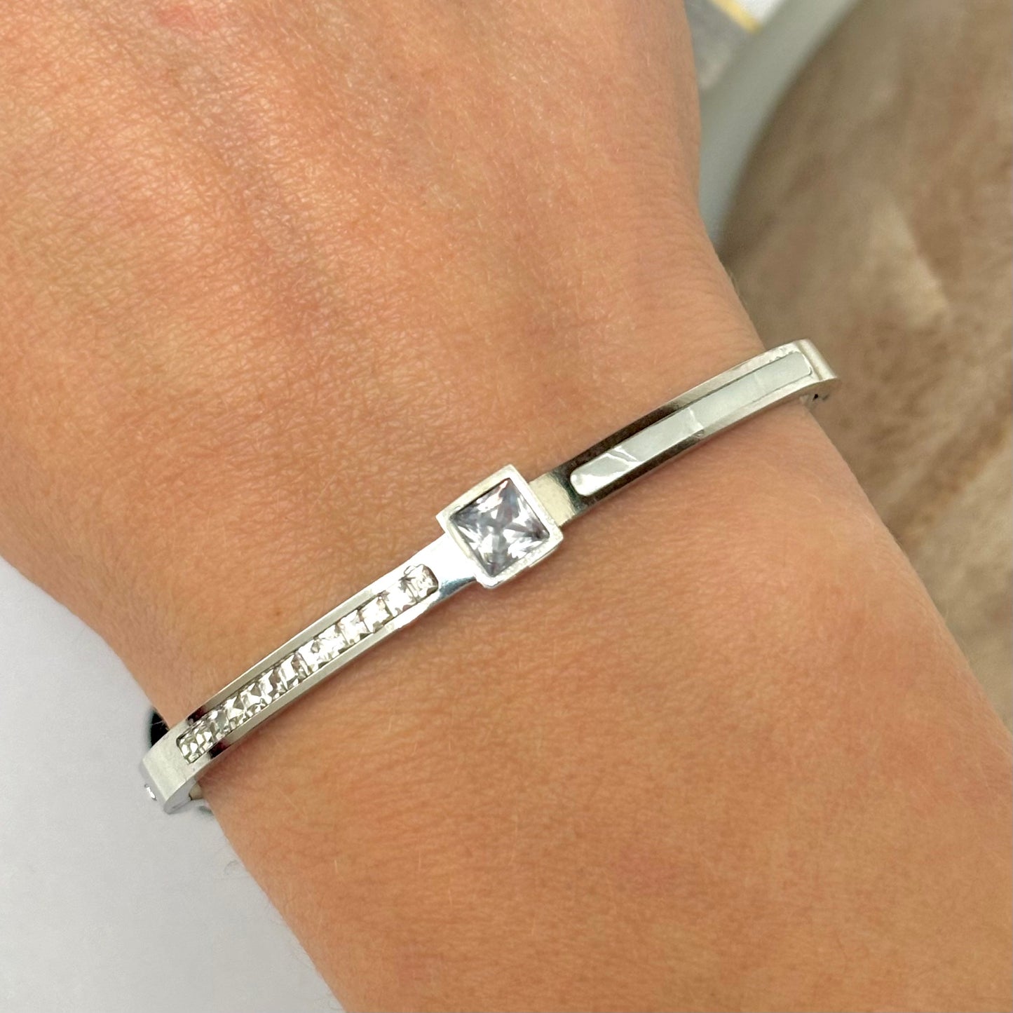 MARYbu square pave crystals and pearlescent detail stainless steel bangle