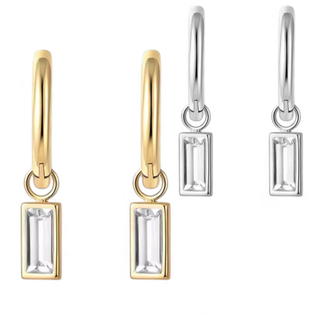 Rectangle crystal drop hoops in silver and gold E14