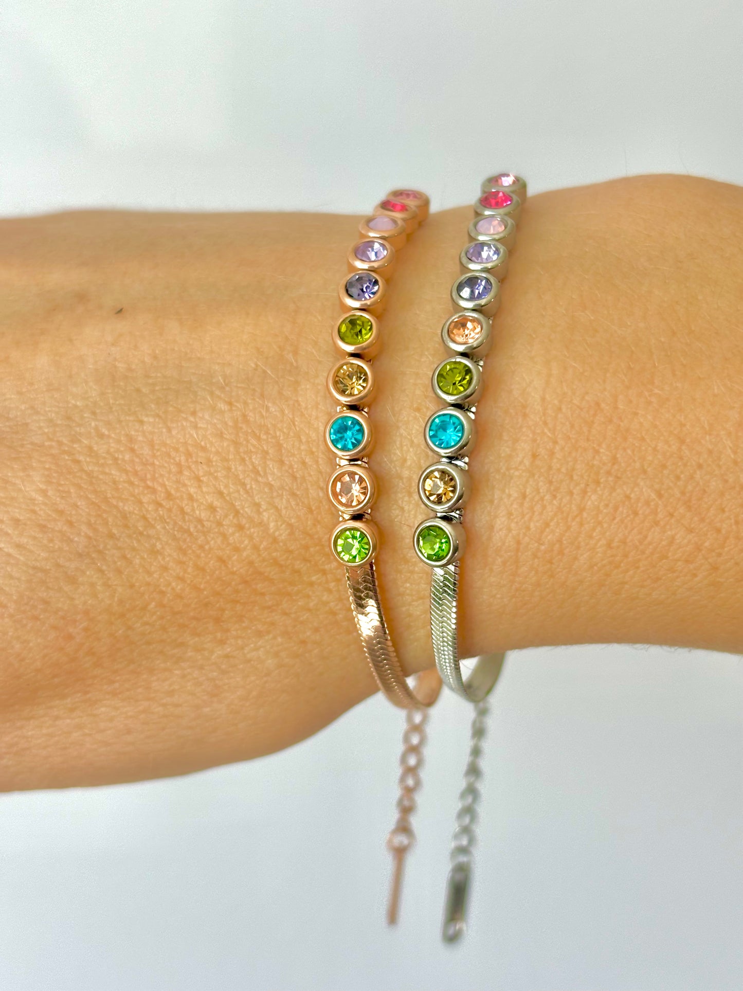 CLARAbu colourful crystal with snake chain bracelet in Rose or Silver. P74