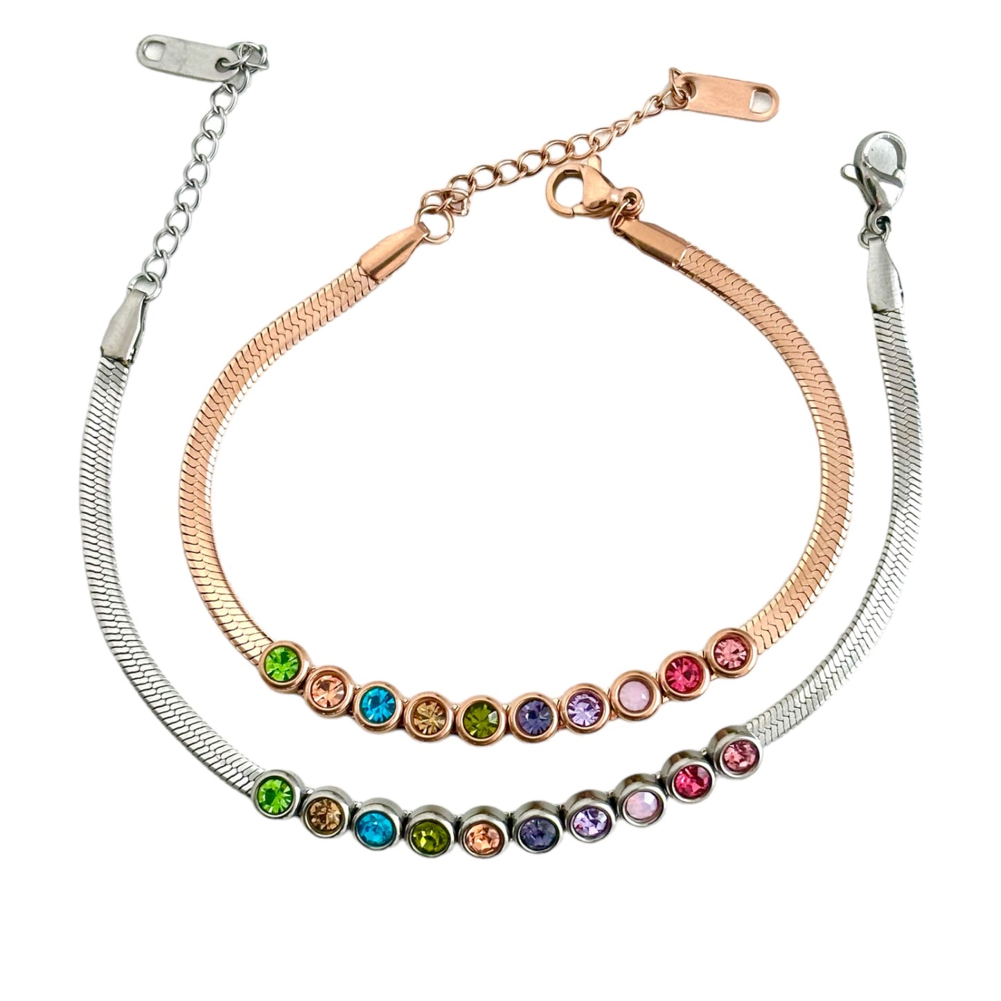 CLARAbu colourful crystal with snake chain bracelet in Rose or Silver. P74