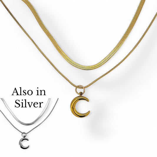 Moon pendant double layer necklace in silver or gold Herringbone chain women’s girls