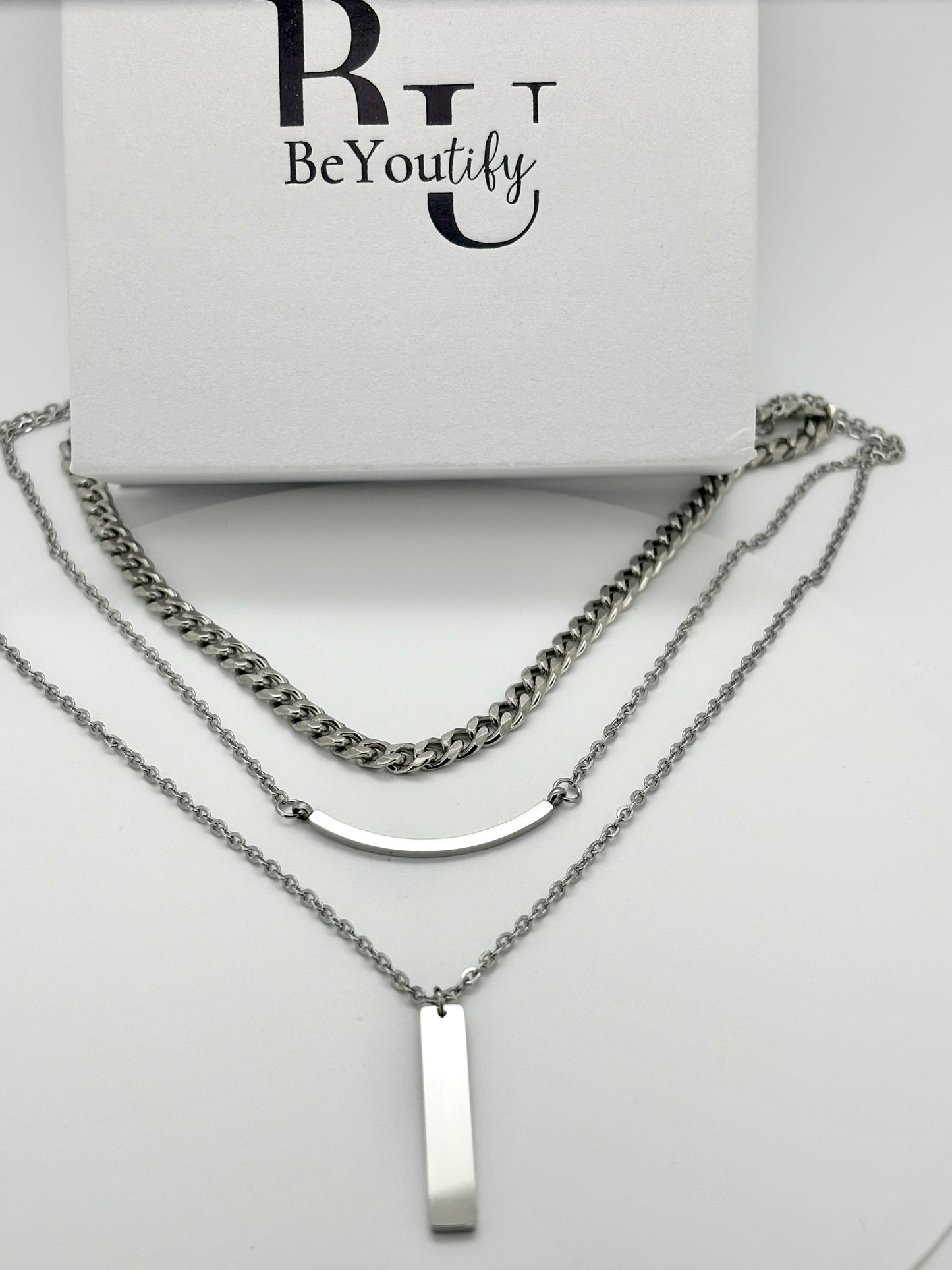 Three layer pendant necklace with Cuban chain with birthstone in silver or gold water resistant P6