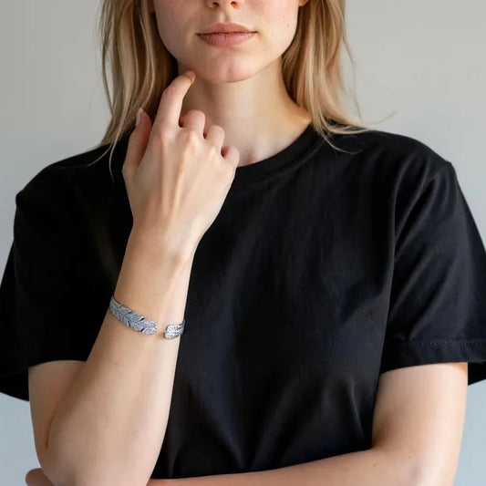 Feather Bangle in Silver or Gold Adjustable Size- Double Feather Design Bracelet Unisex Mens Women’s P69