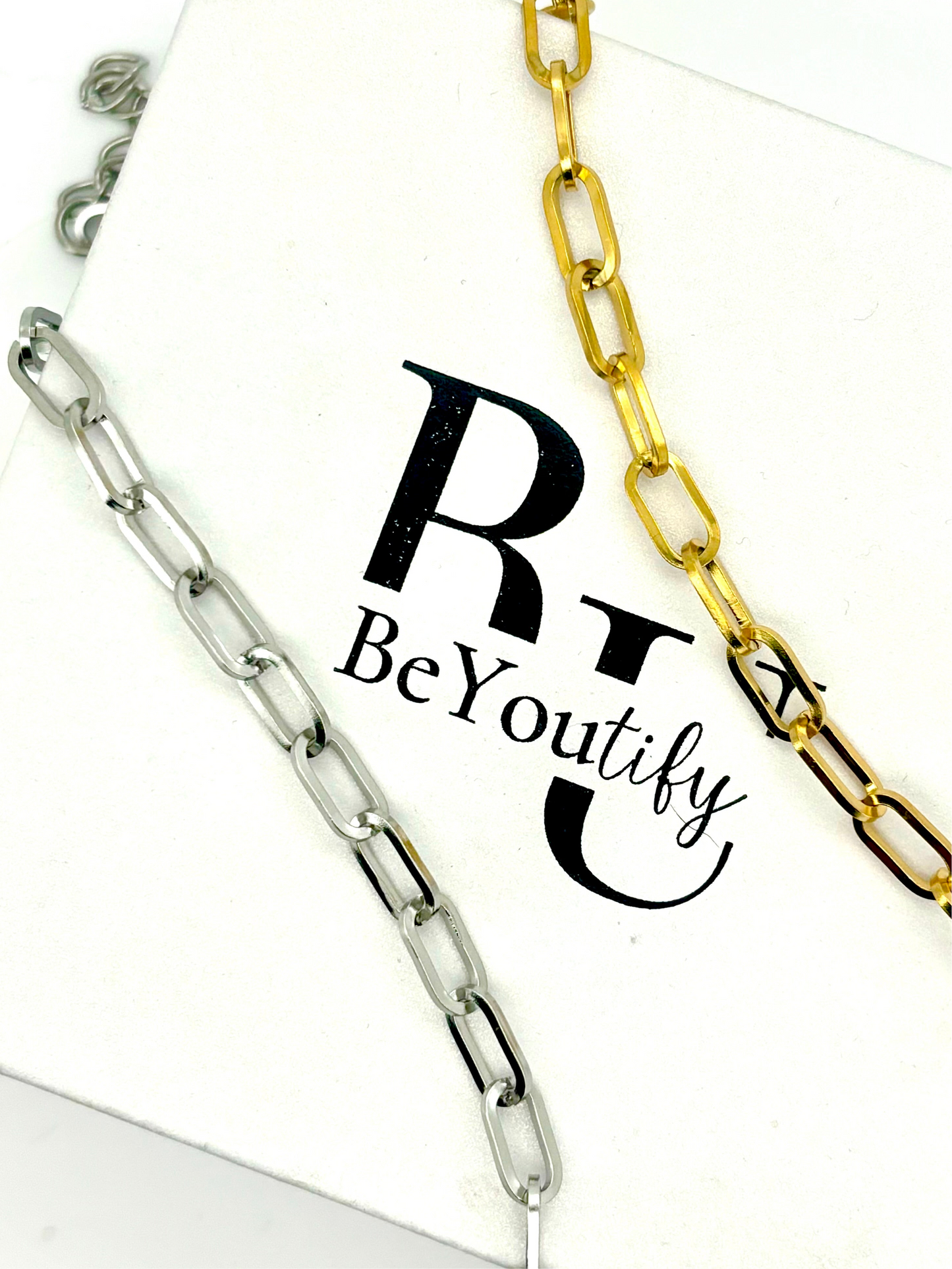 Paperclip chain bracelet in stainless steel silver or gold tone with extender P6