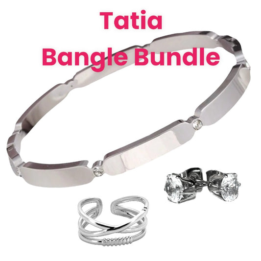 Tatia three item bundle deal in silver or gold stainless steel vangle, ring and earrings water resistant