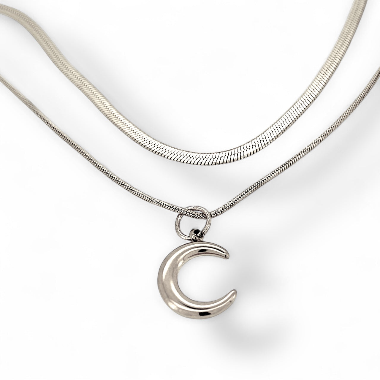 Moon pendant double layer necklace in silver or gold Herringbone chain women’s girls