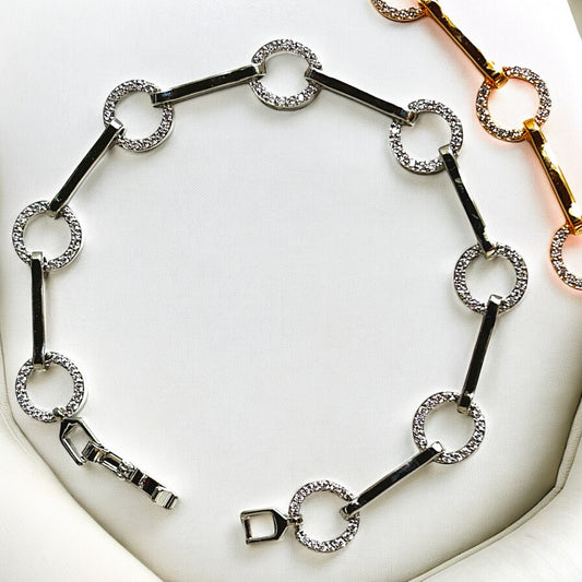 CINDERbu circle paved bar bracelet for medium to larger wrists in silver or gold tone