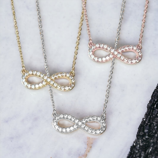 Infinity necklace with crystals in white gold, Rose gold or Gold plating N4