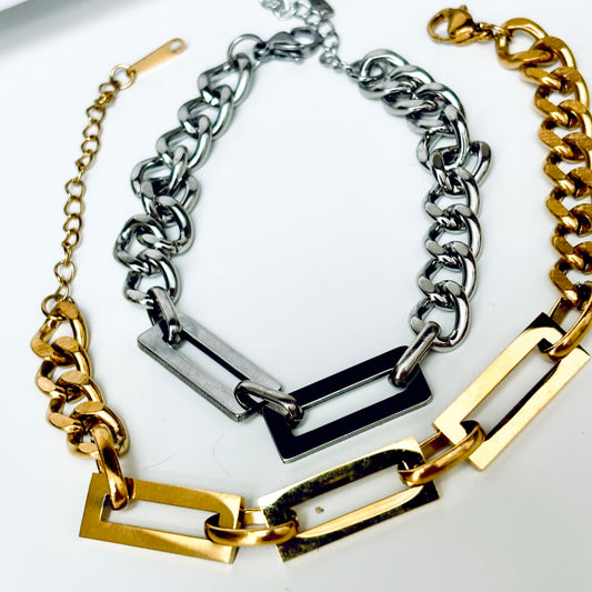 BRONXbu BRACELET chunky chain with rectangle chain detail in gold or silver unisex women man