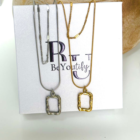 Irregular rectangle double layer necklace in silver or gold