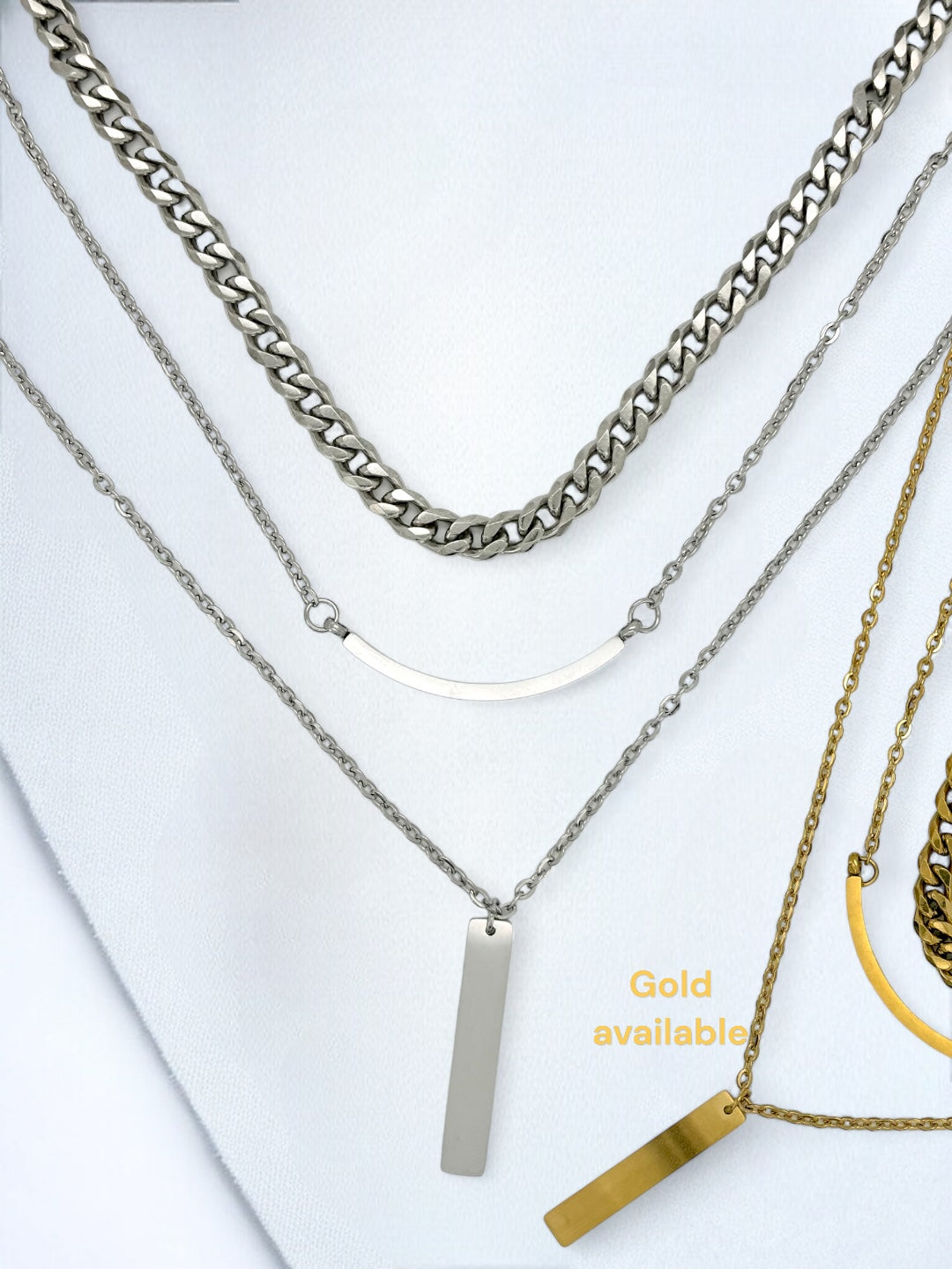 Three layer pendant necklace with Cuban chain with birthstone in silver or gold water resistant P6