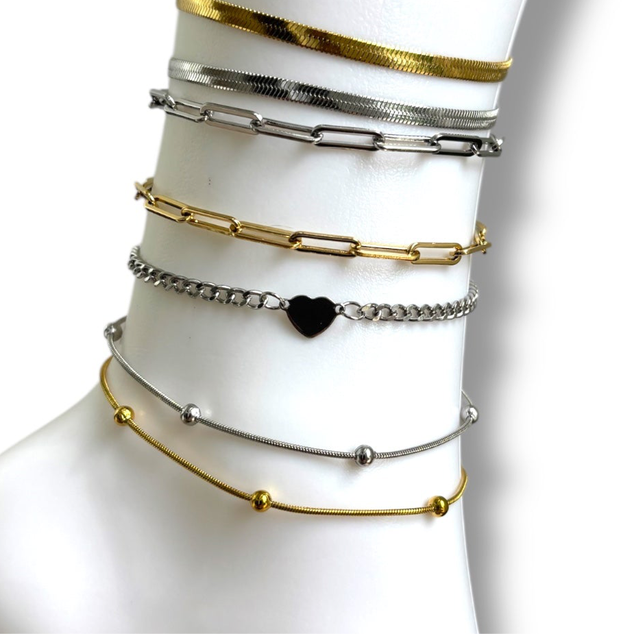 Anklets water resistant heart, tree of life, natural stone, snake chain , feather, A1