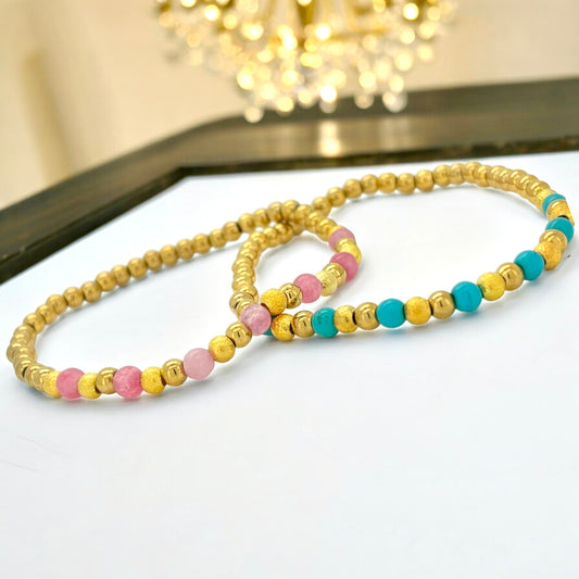 Semi precious stone with gold plated stainless steel beads in pink or turquoise