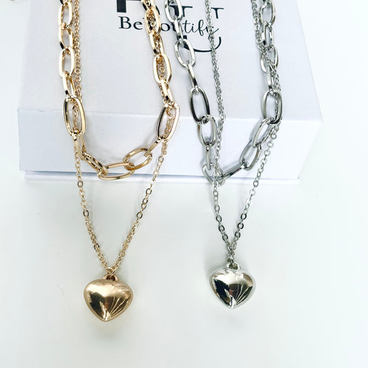 Link chain and heart pendant double layer necklace in silver or gold tone P8