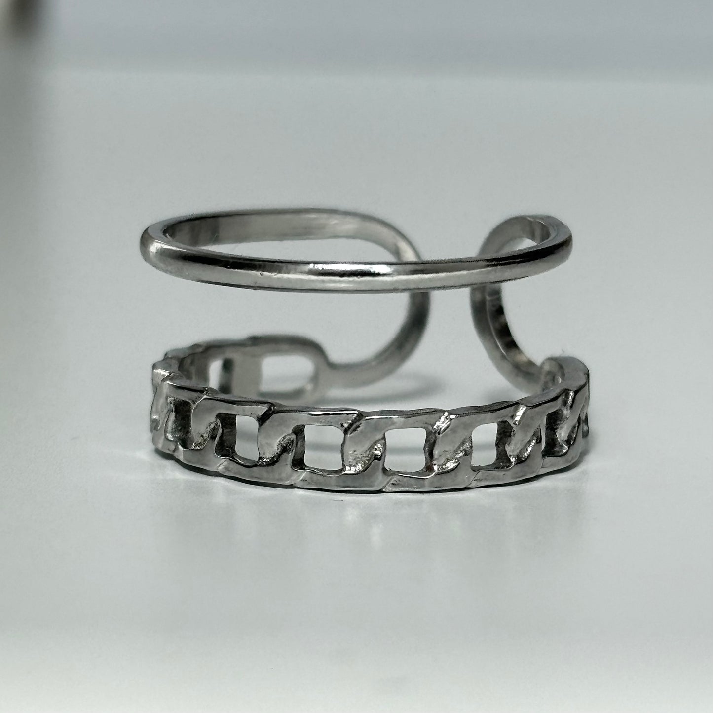 Chain and band double layer adjustable ring in stainless steel water and tarnish resistant