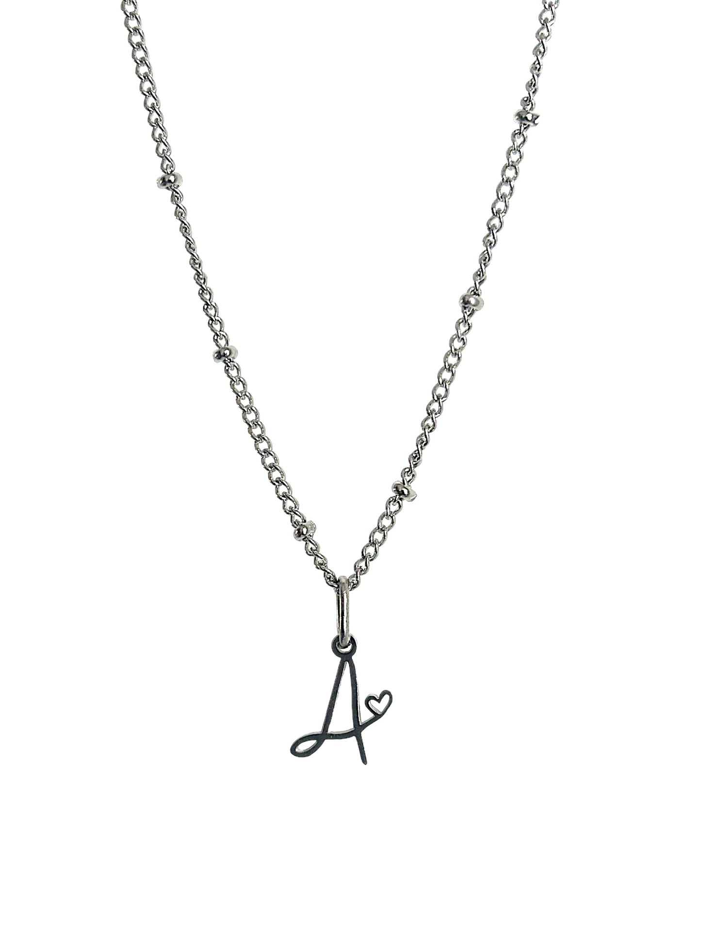 Cursive Initial necklace with heart detail in silver tone water and tarnish resistant