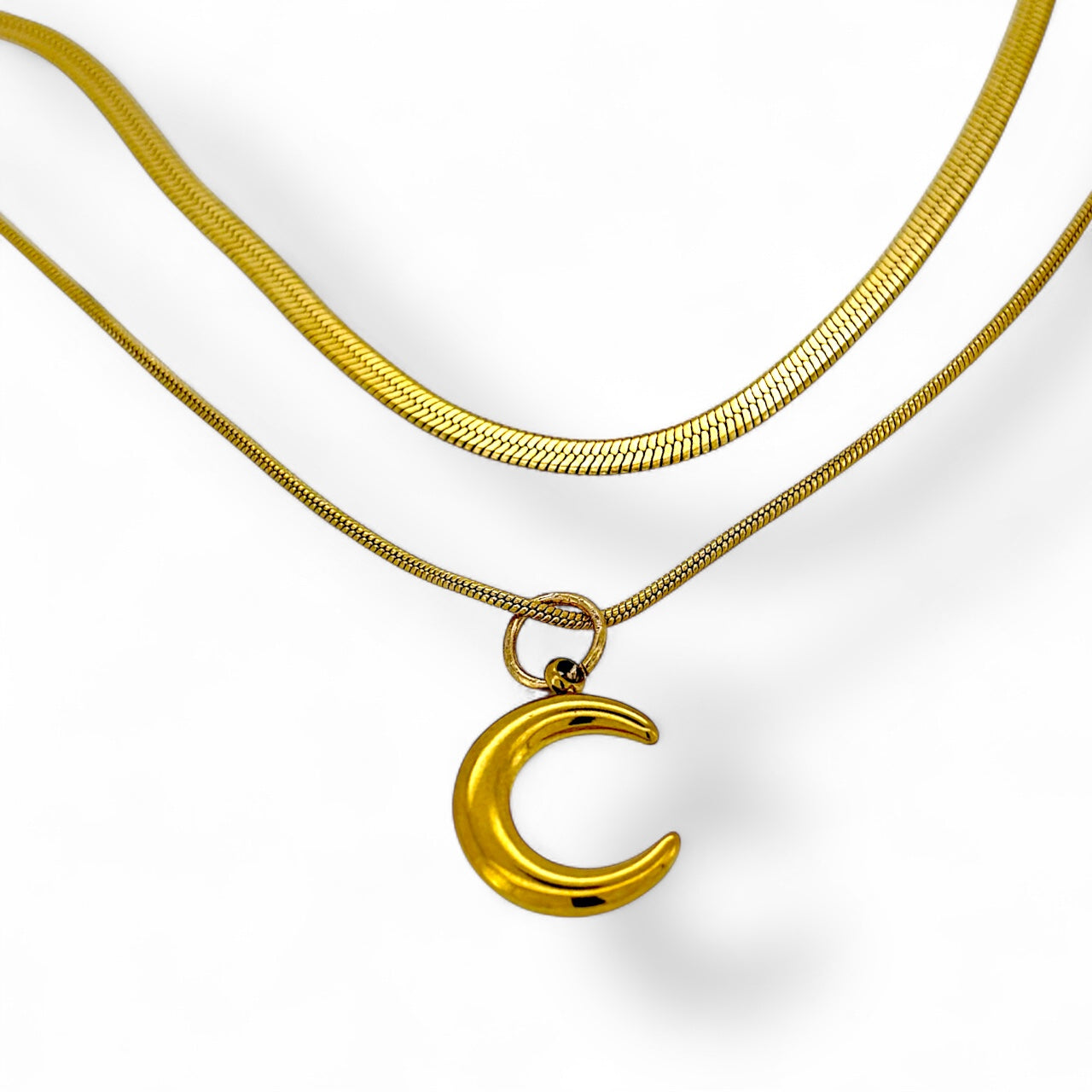 Moon pendant double layer necklace in silver or gold Herringbone chain women’s girls