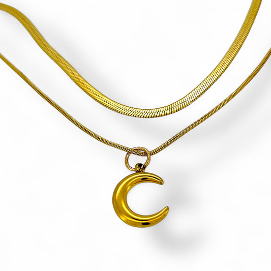 Moon pendant double layer necklace in silver or gold Herringbone chain women’s girls