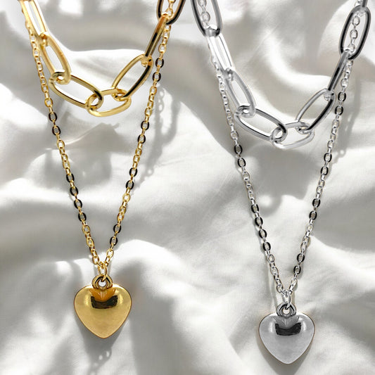 Link chain and heart pendant double layer necklace in silver or gold tone P8