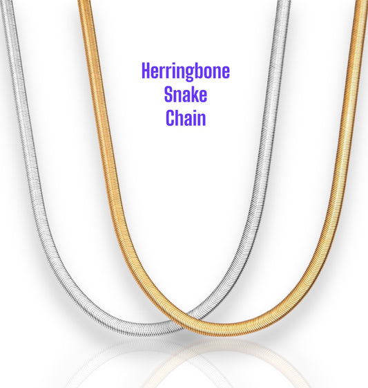 Herringbone Snake chain necklace stainless steel in silver or gold 4mm 45cm long P87