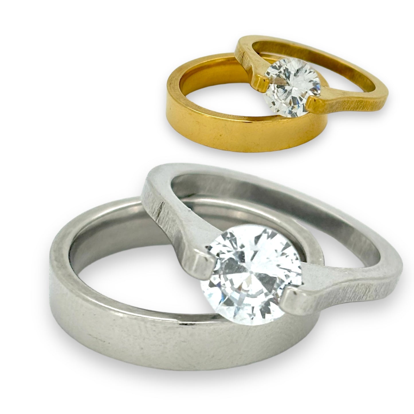 Engagement ring and wedding band ring set in Silver or Gold Stainless steel water resistant